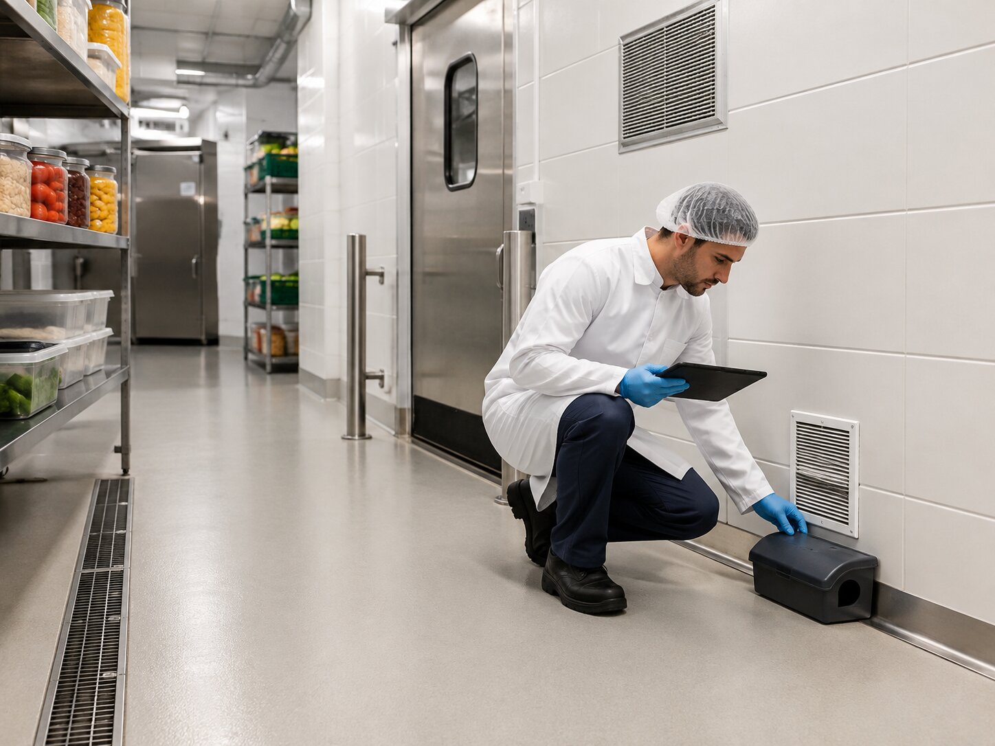 Tecnico durante un controllo di derattizzazione e monitoraggio HACCP in un ristorante